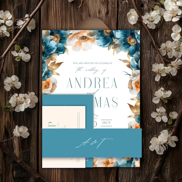Teal & Peach Floral Wedding Invitation Suite: Editable DIY Templates