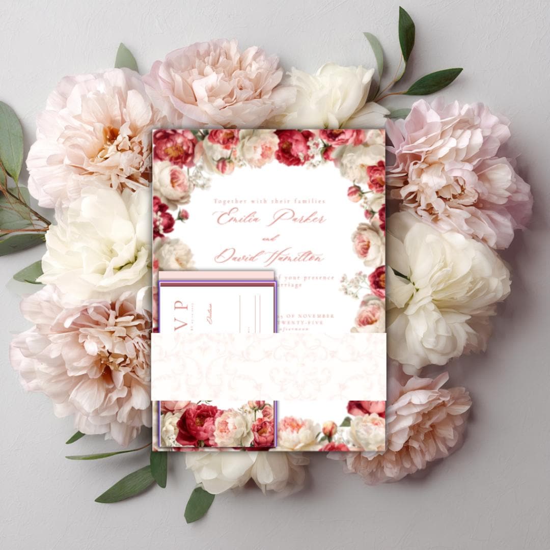Floral Wedding Invitation Suite Template | Blush & Burgundy Peony Printable Wedding Stationery | Editable Digital Download