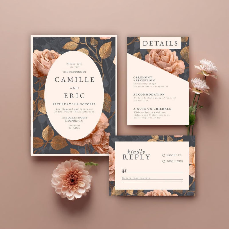 Copper Rose Wedding Invitation Suite: Elegant Floral Template (Canva)