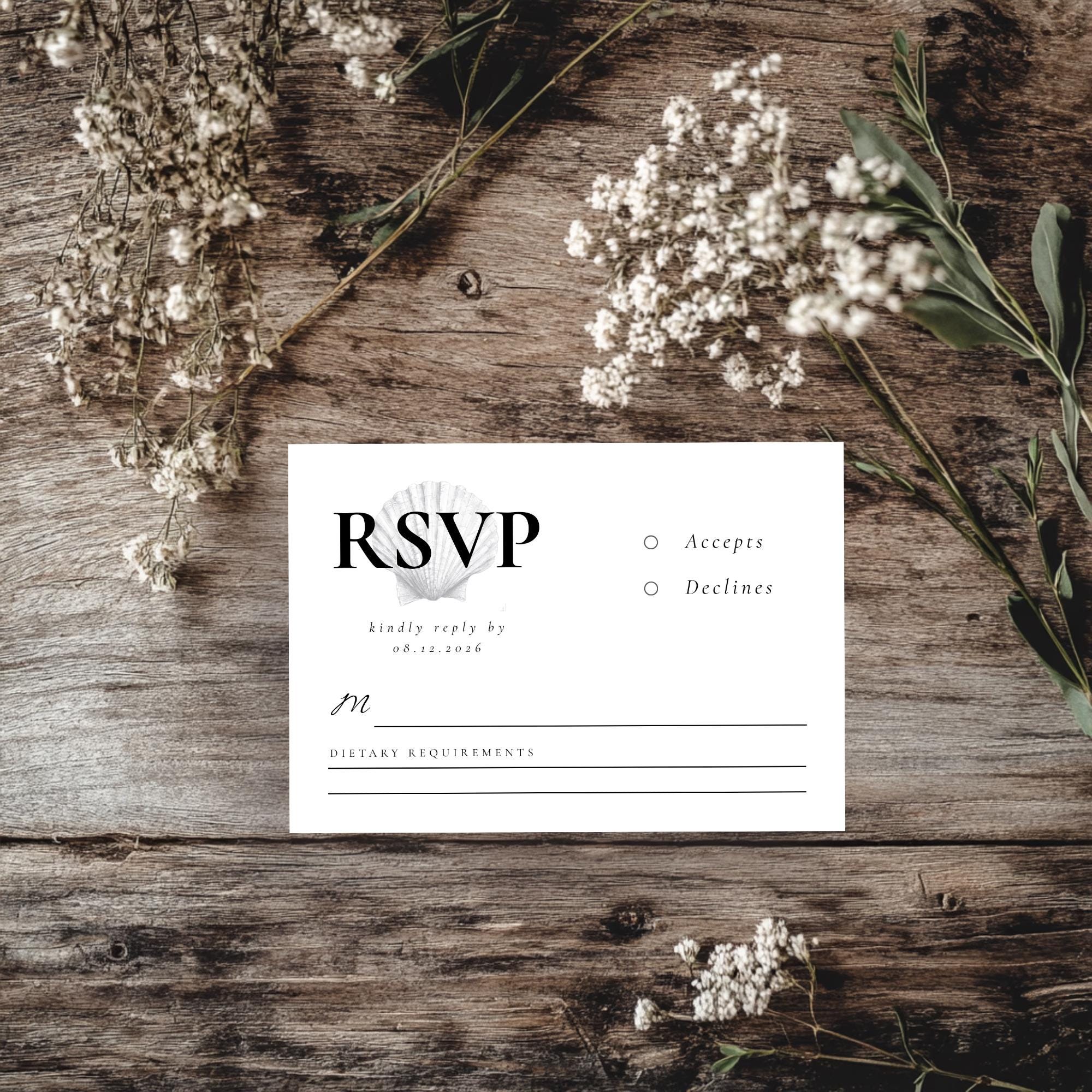 Seashell Wedding RSVP Card Template - Coastal Beach Design - Instant Download - Sea Shell Wedding Theme