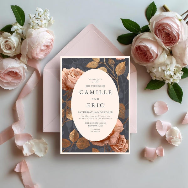 Rose & Gold Wedding Invitation Template: Editable Floral Design (Digital Download)