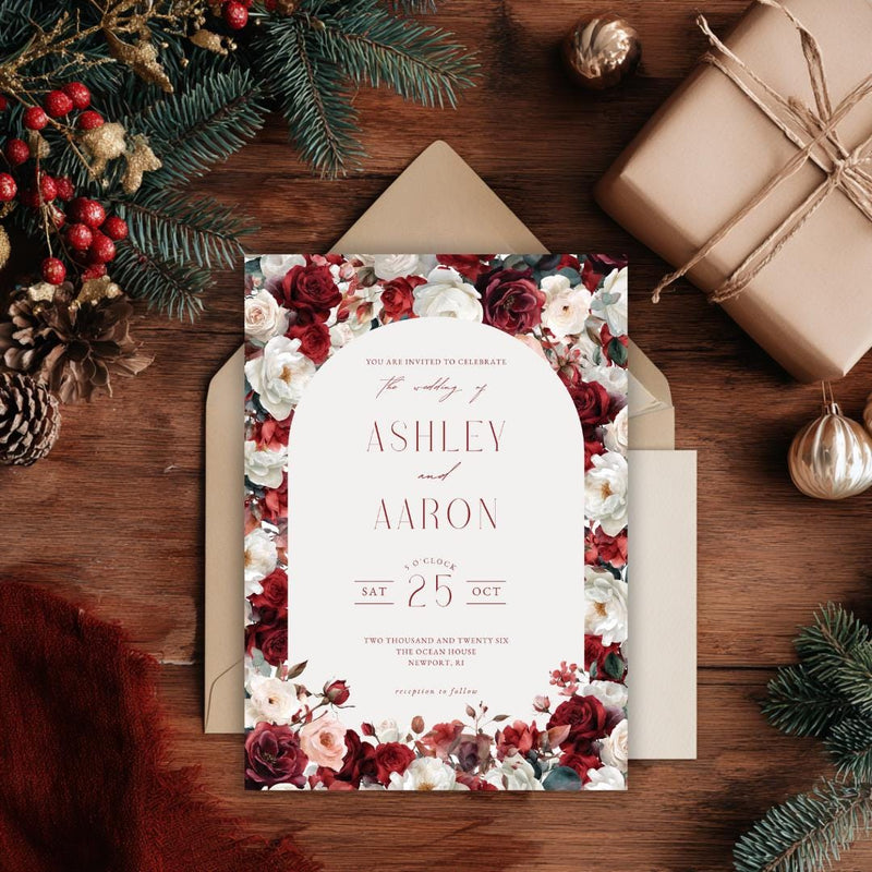 Red & White Floral Wedding Invitation Template (Canva Editable)