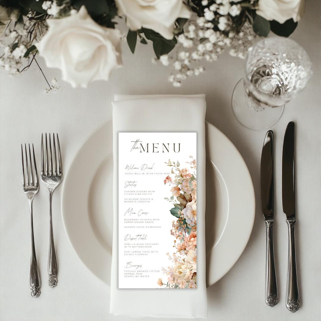 Bridal Shower Menu Template Boho Garden Style with Soft Peach Florals, DIY Editable Canva Menu for Elegant Wedding Events