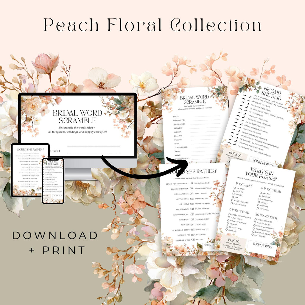 Bridal Shower Template Suite Peach Flowers | Invitation, Menu, Welcome Sign, Well Wishes | Editable Canva Templates for DIY Brides