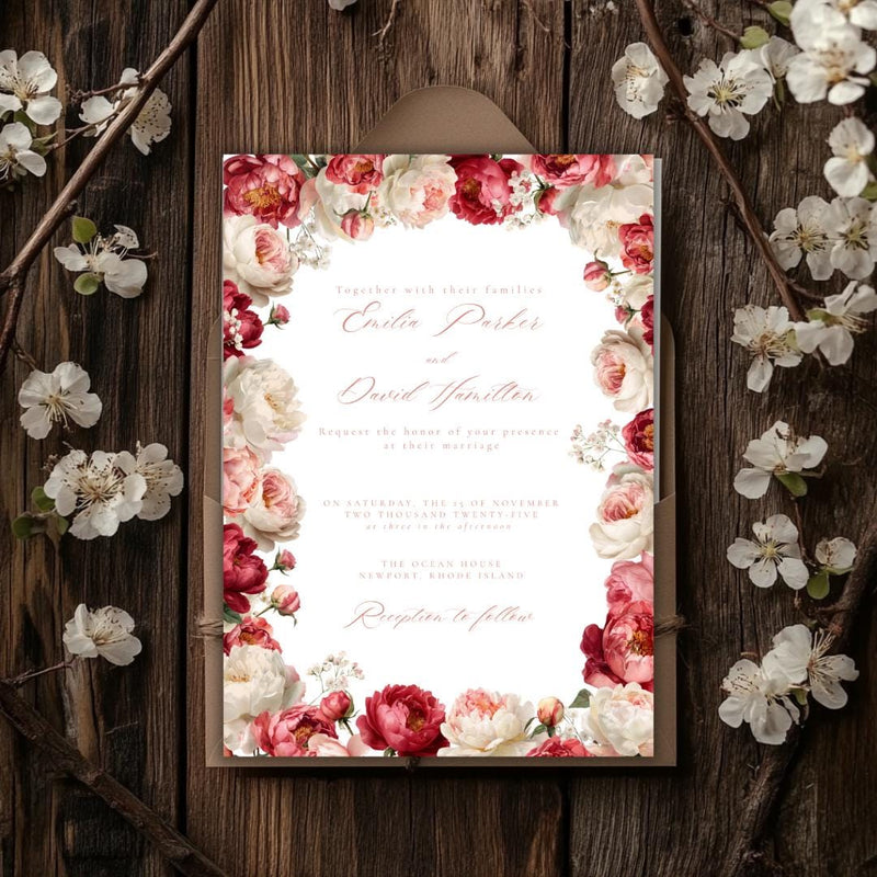 Pink Floral Wedding Invitation Template | Blush Peony & Rose Wedding Invite | Romantic Editable Canva Template for DIY Brides