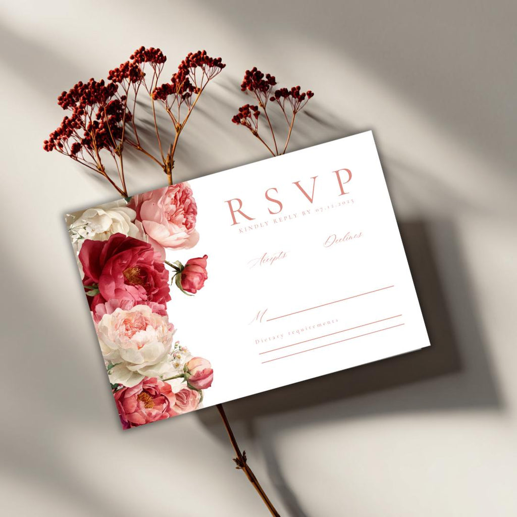 Pink Floral Wedding RSVP Card Template | Blush Peony Response Card | Romantic Editable Canva Template for DIY Brides