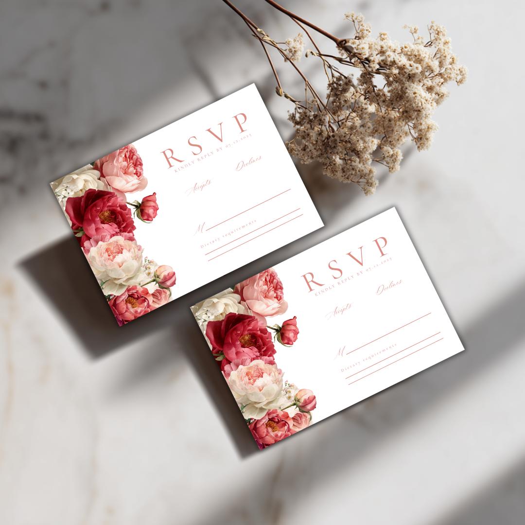 Pink Floral Wedding RSVP Card Template | Blush Peony Response Card | Romantic Editable Canva Template for DIY Brides