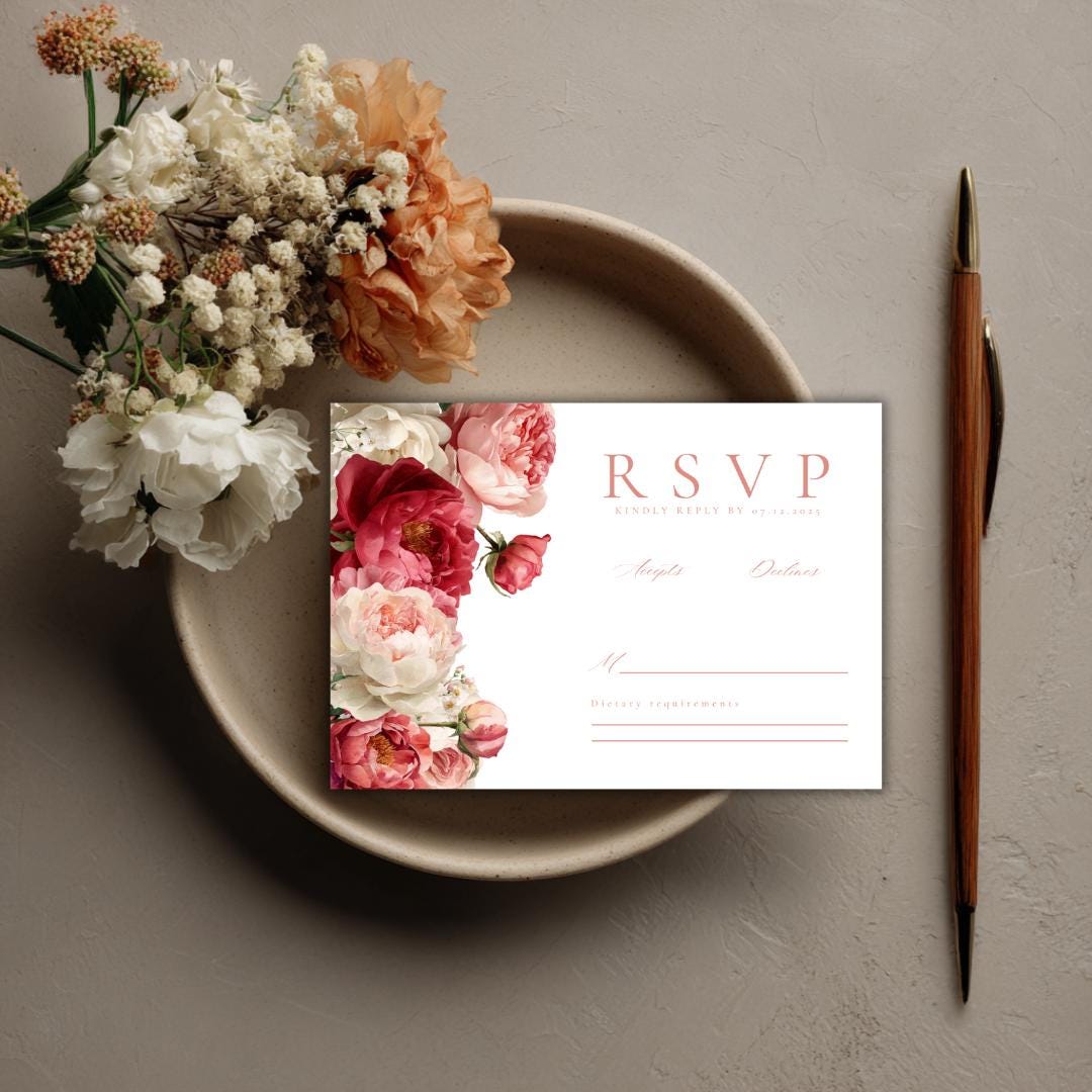 Pink Floral Wedding RSVP Card Template | Blush Peony Response Card | Romantic Editable Canva Template for DIY Brides