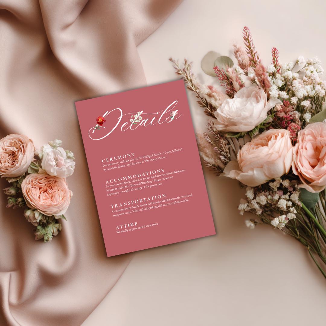Pink Floral Wedding Details Card Template | Blush Peony Info Card | Editable Wedding Template for DIY Brides