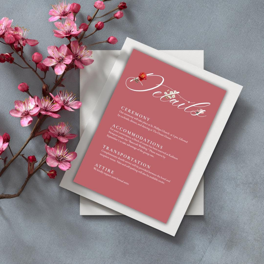Pink Floral Wedding Details Card Template | Blush Peony Info Card | Editable Wedding Template for DIY Brides