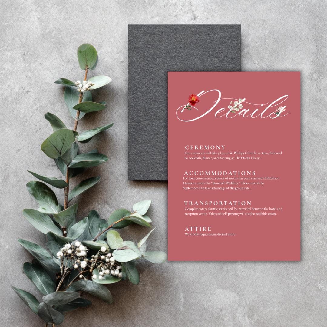 Pink Floral Wedding Details Card Template | Blush Peony Info Card | Editable Wedding Template for DIY Brides