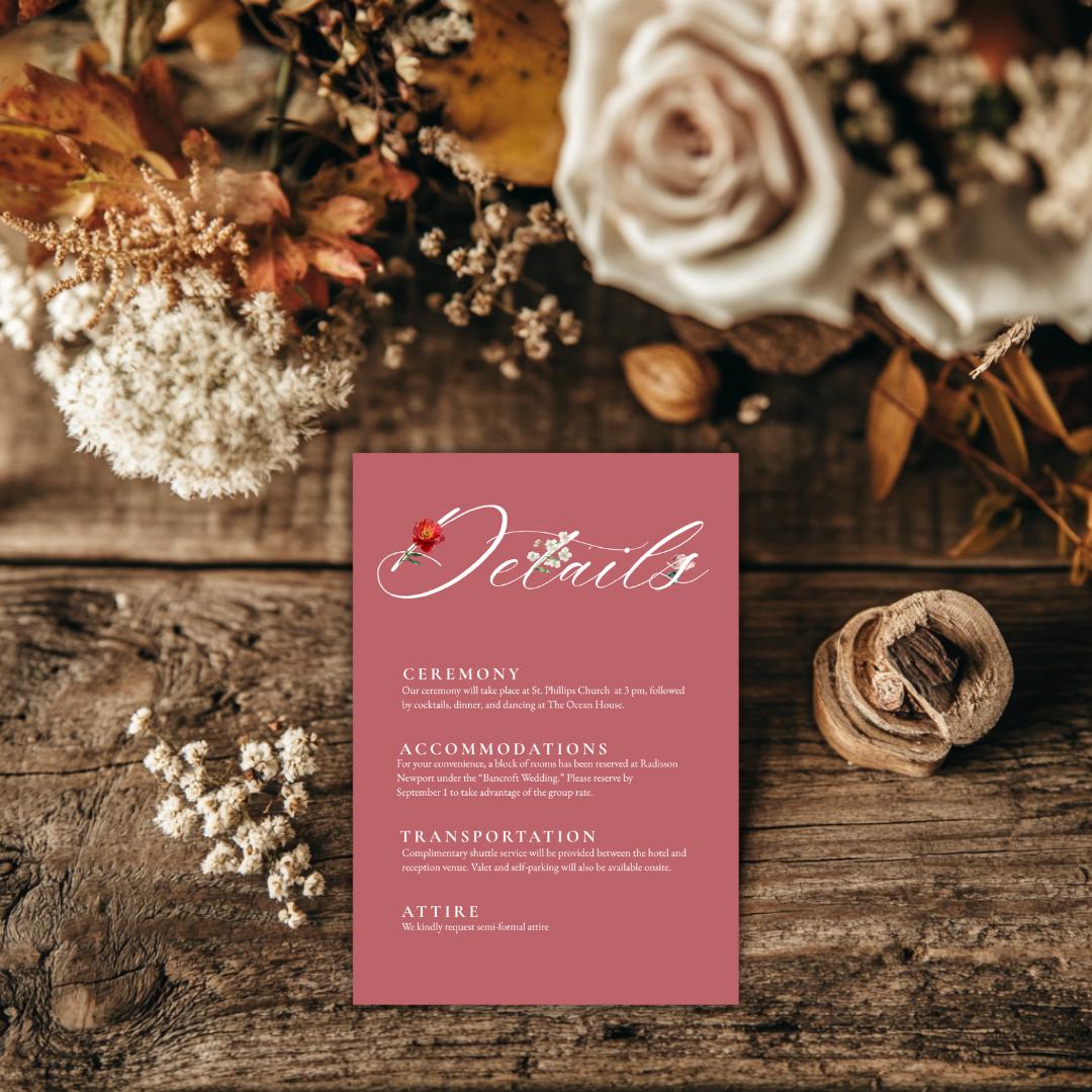 Pink Floral Wedding Details Card Template | Blush Peony Info Card | Editable Wedding Template for DIY Brides
