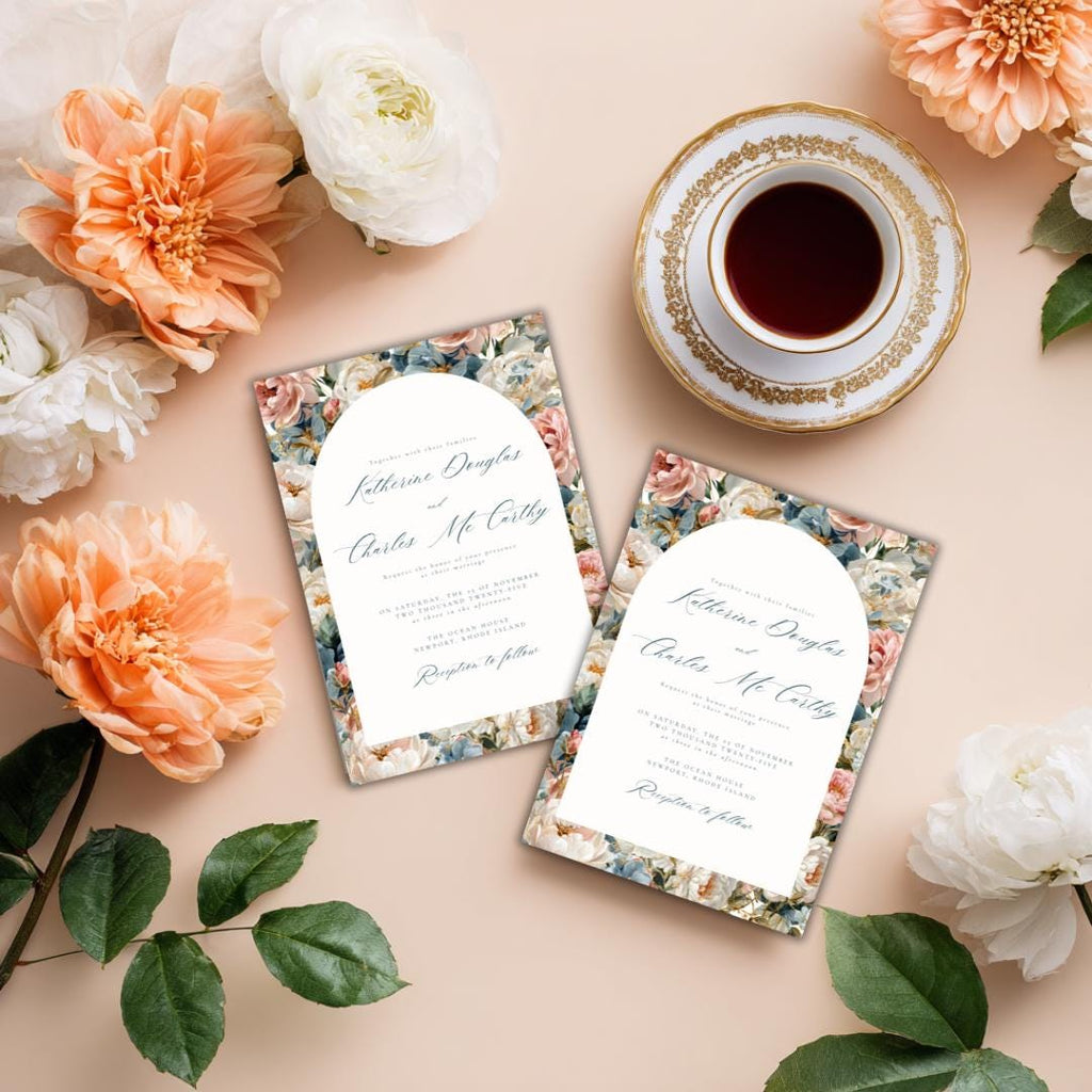Rococo Flowers Wedding Invitation Template | Editable Canva Invite | Classic Arch Design | Blue & Pink Flowers | Gold Details | DIY Brides