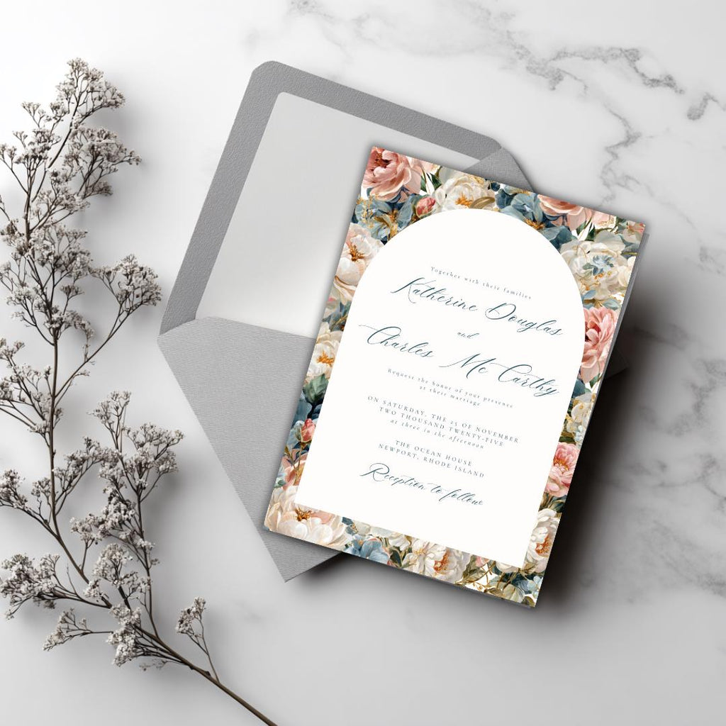 Rococo Flowers Wedding Invitation Template | Editable Canva Invite | Classic Arch Design | Blue & Pink Flowers | Gold Details | DIY Brides