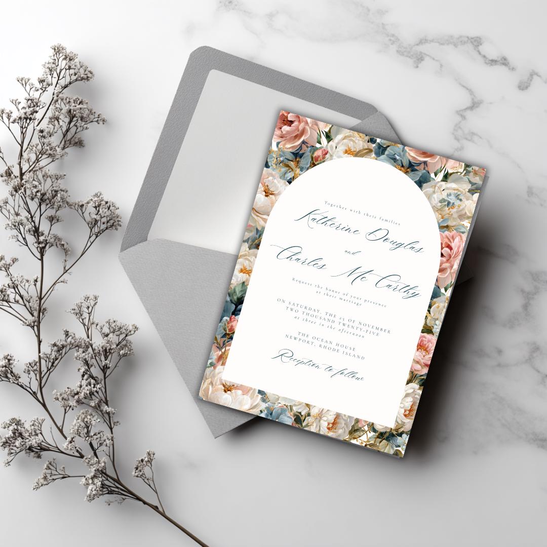 Rococo Flowers Wedding Invitation Template | Editable Canva Invite | Classic Arch Design | Blue & Pink Flowers | Gold Details | DIY Brides
