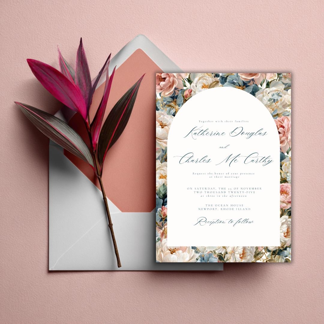 Rococo Flowers Wedding Invitation Template | Editable Canva Invite | Classic Arch Design | Blue & Pink Flowers | Gold Details | DIY Brides