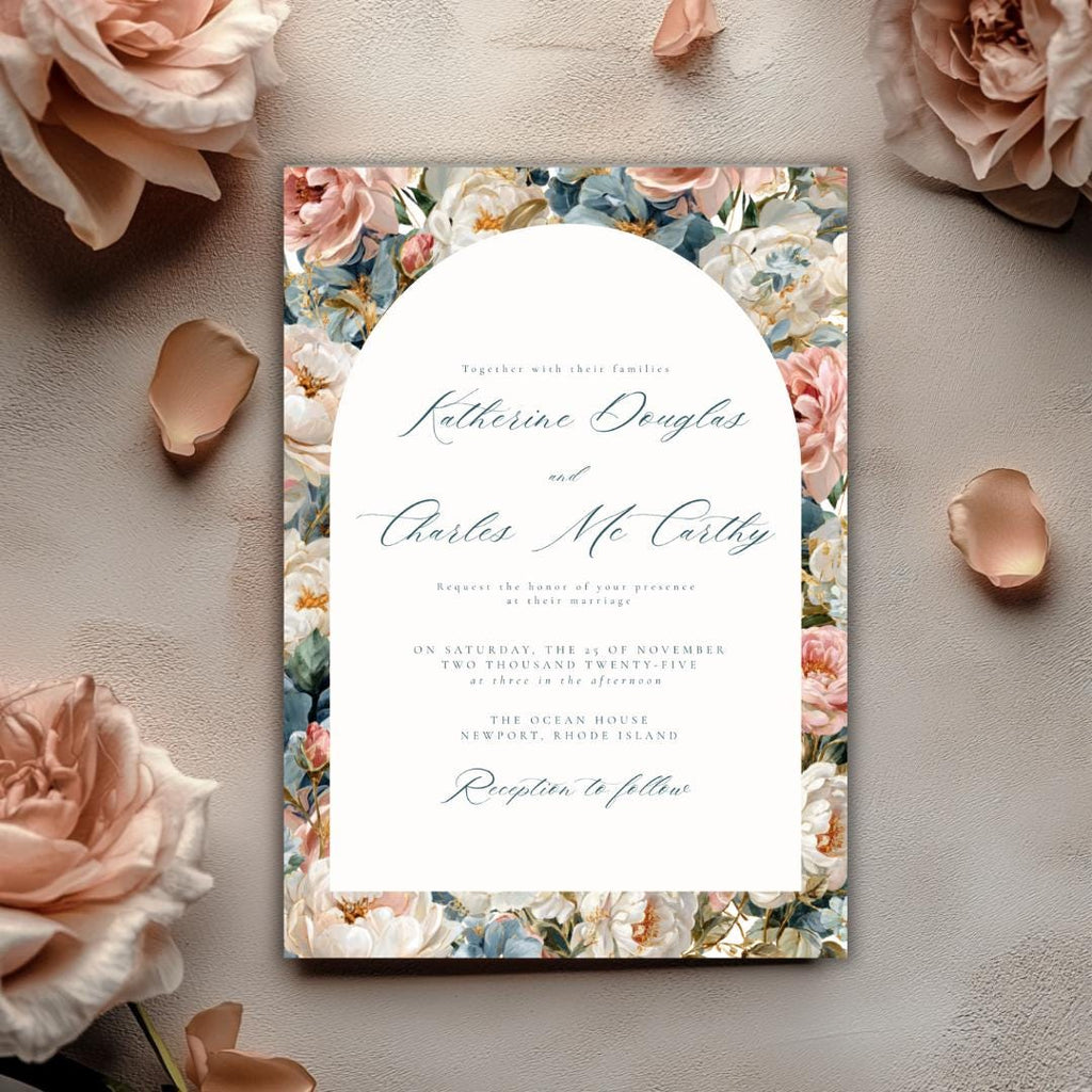 Rococo Flowers Wedding Invitation Template | Editable Canva Invite | Classic Arch Design | Blue & Pink Flowers | Gold Details | DIY Brides