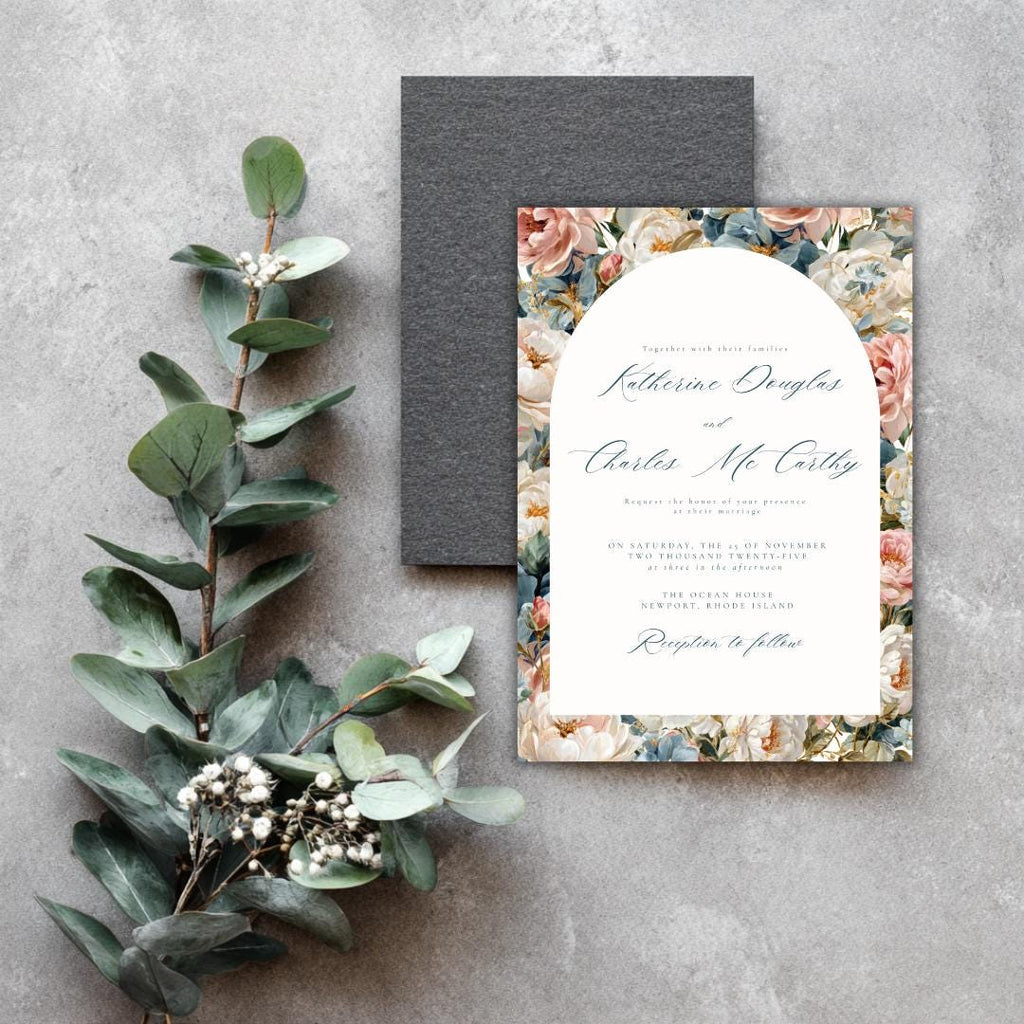 Rococo Flowers Wedding Invitation Template | Editable Canva Invite | Classic Arch Design | Blue & Pink Flowers | Gold Details | DIY Brides