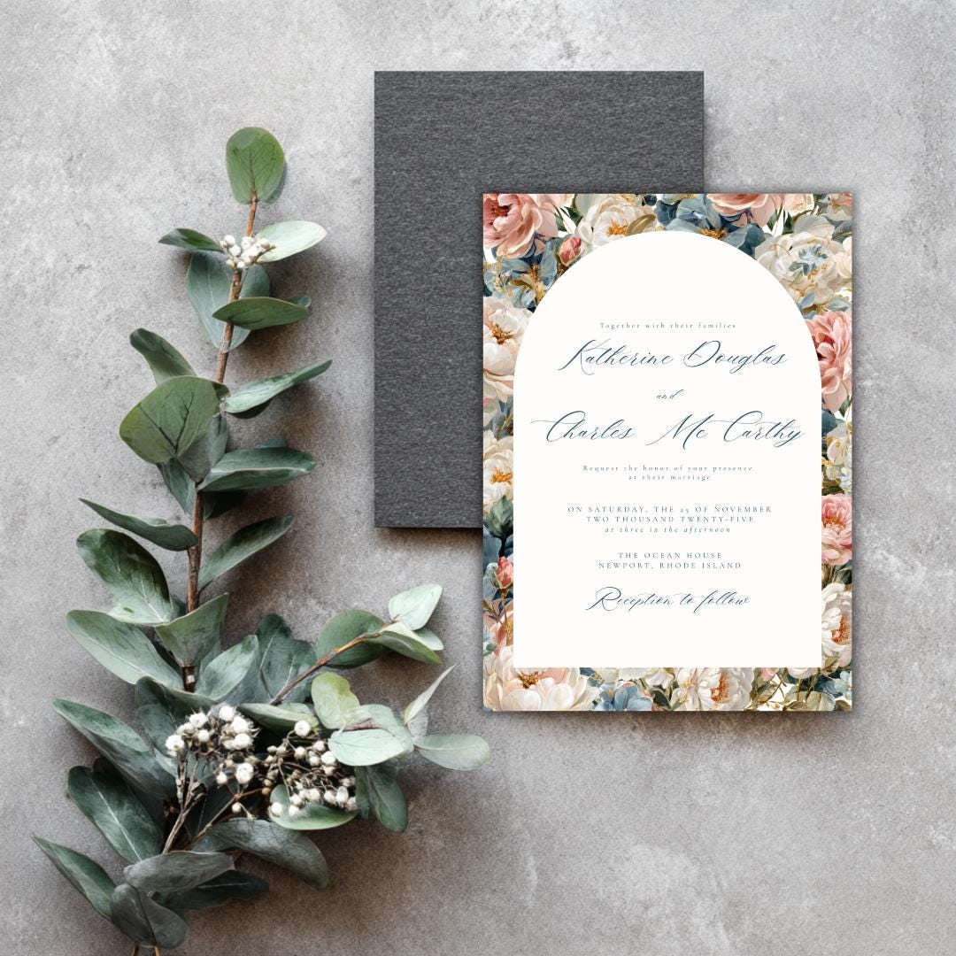 Rococo Flowers Wedding Invitation Template | Editable Canva Invite | Classic Arch Design | Blue & Pink Flowers | Gold Details | DIY Brides