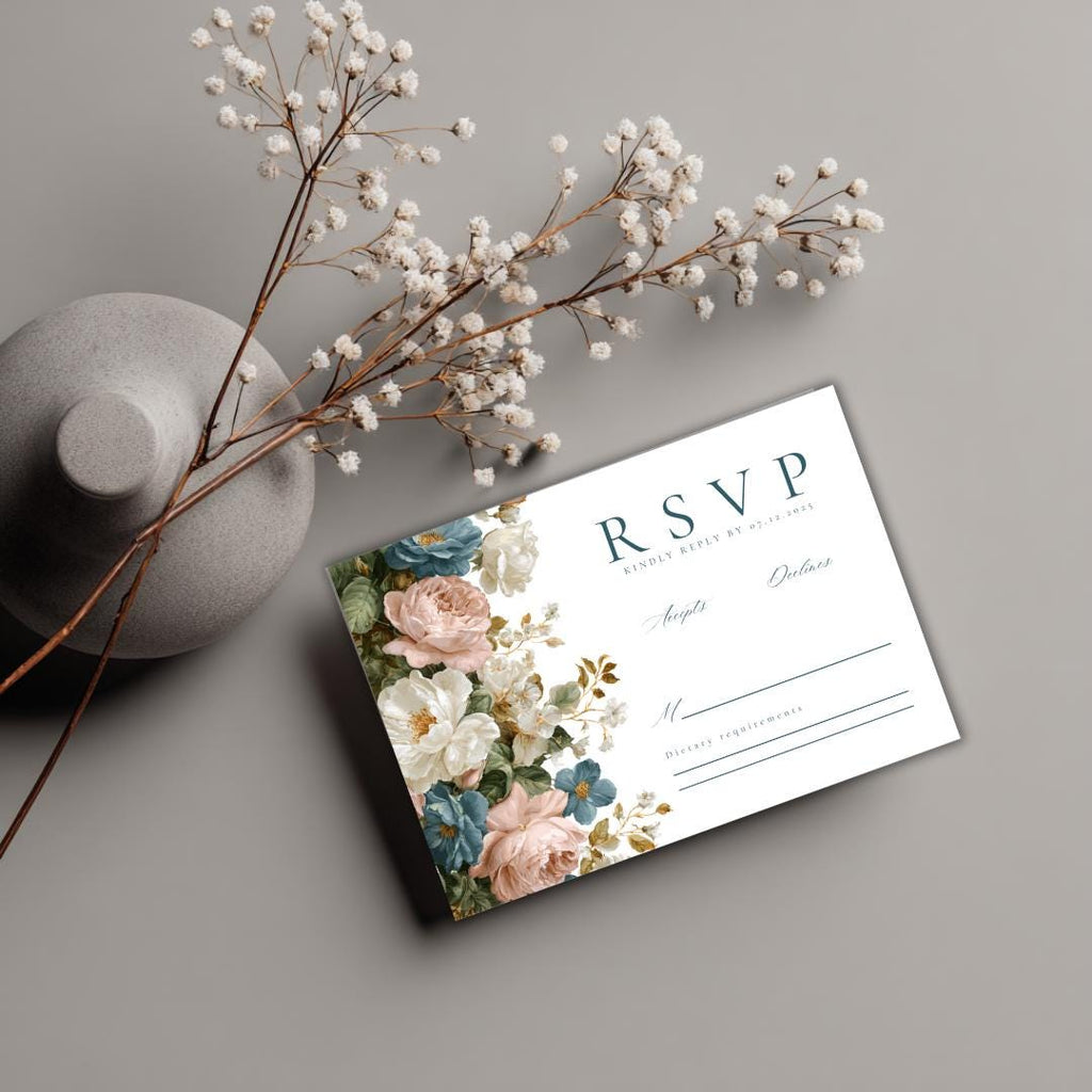 Rococo Floral Wedding RSVP Card Template | Editable Canva RSVP | Elegant Blue & Pink Floral Design | Printable Wedding Template