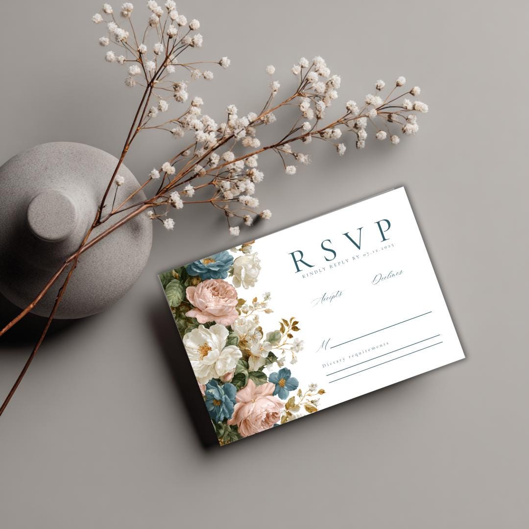 Rococo Floral Wedding RSVP Card Template | Editable Canva RSVP | Elegant Blue & Pink Floral Design | Printable Wedding Template