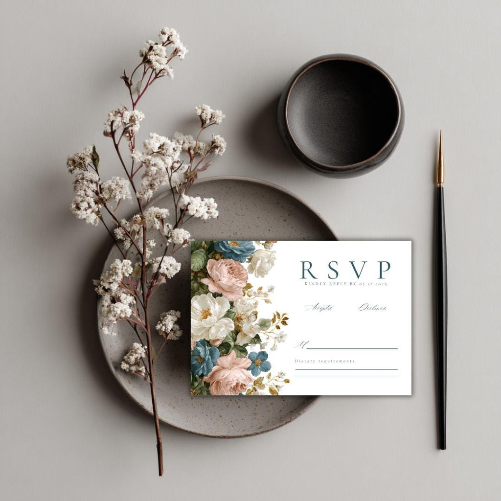 Rococo Floral Wedding RSVP Card Template | Editable Canva RSVP | Elegant Blue & Pink Floral Design | Printable Wedding Template