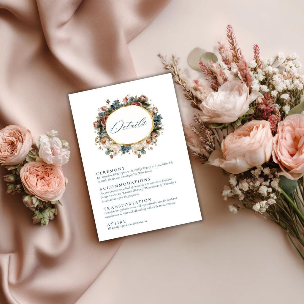 Rococo Floral Wedding Details Card Template | Editable Canva Insert | Elegant Blue & Blush Design | Printable Wedding Info Card