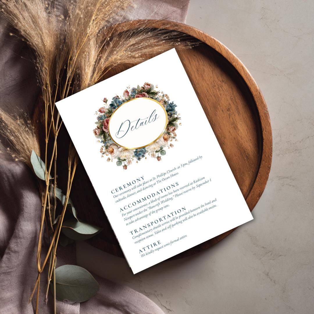 Rococo Floral Wedding Details Card Template | Editable Canva Insert | Elegant Blue & Blush Design | Printable Wedding Info Card