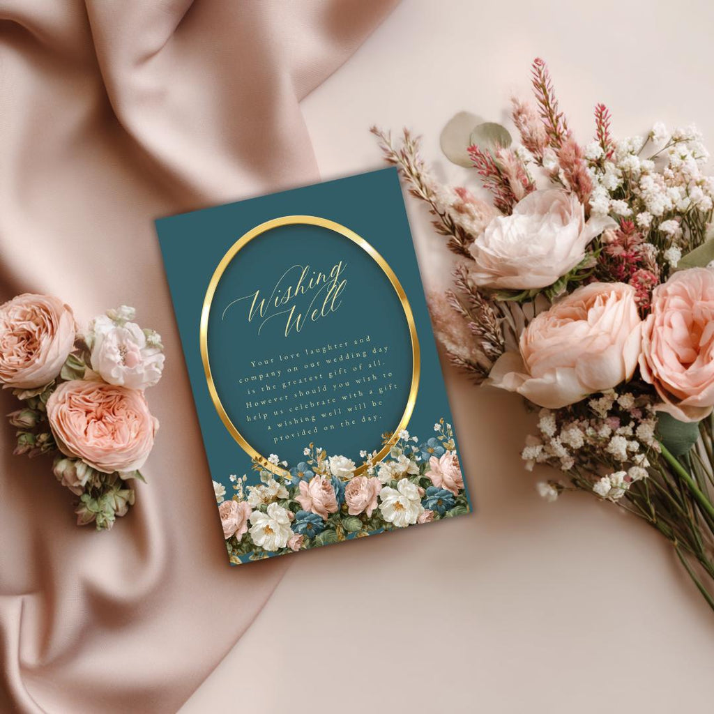 Rococo Floral Wishing Well Card Template | Editable Canva Wedding Insert | Elegant Blue & Blush Floral Design | Printable Gift Poem Card