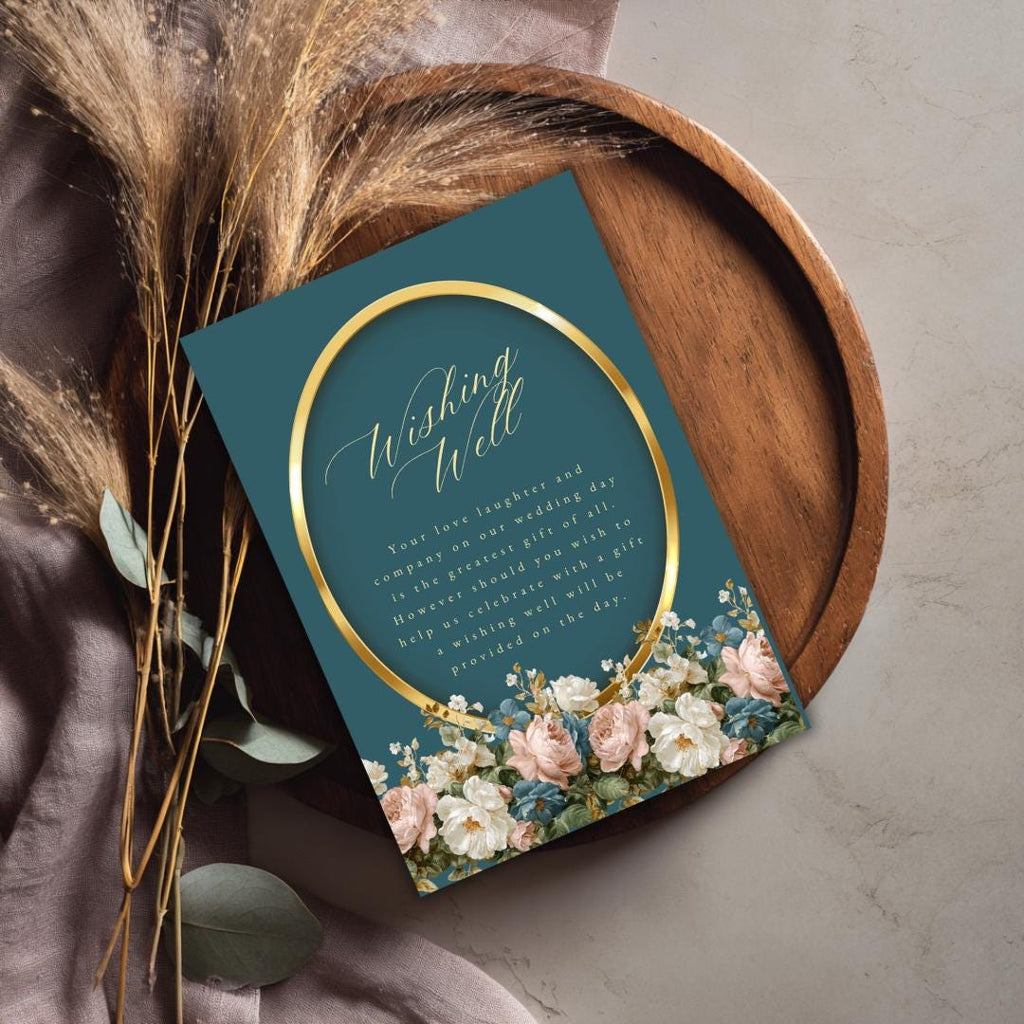 Rococo Floral Wishing Well Card Template | Editable Canva Wedding Insert | Elegant Blue & Blush Floral Design | Printable Gift Poem Card