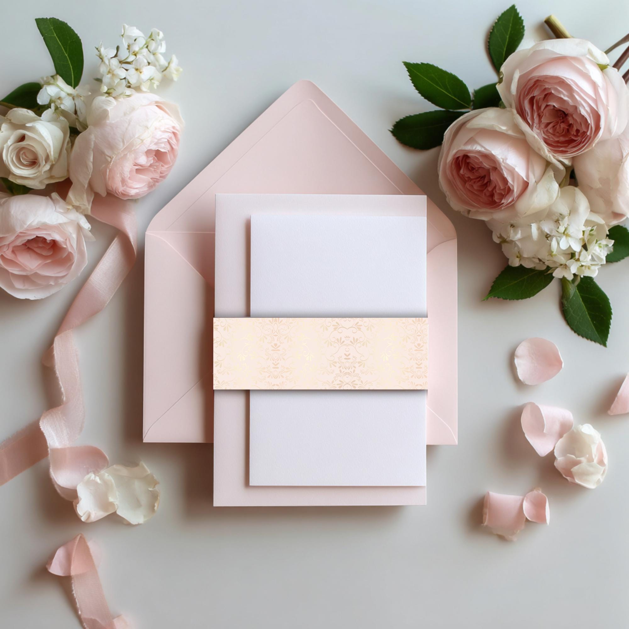 Rococo Floral Wedding Belly Band Template | Editable Canva Wrap | Elegant Blush & Gold Damask Design | Printable Invitation Suite Band