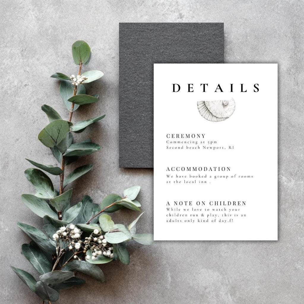 Simple Seashell Wedding Details Card Template | Editable Canva Beach Wedding Insert | Minimal Coastal Design | Printable Info Card