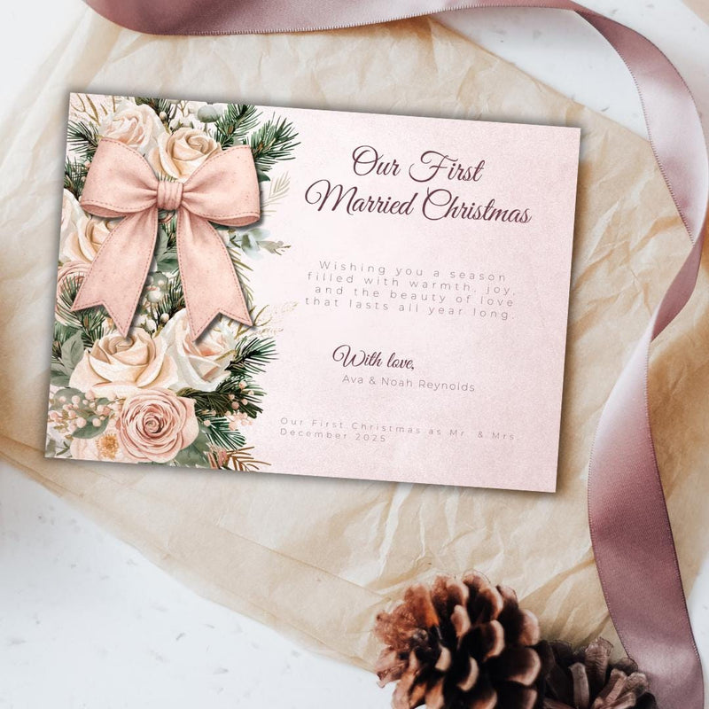 Our First Married Christmas Card Template | Editable Newlywed Holiday Card | Blush Floral Bow Christmas Card | Canva Template