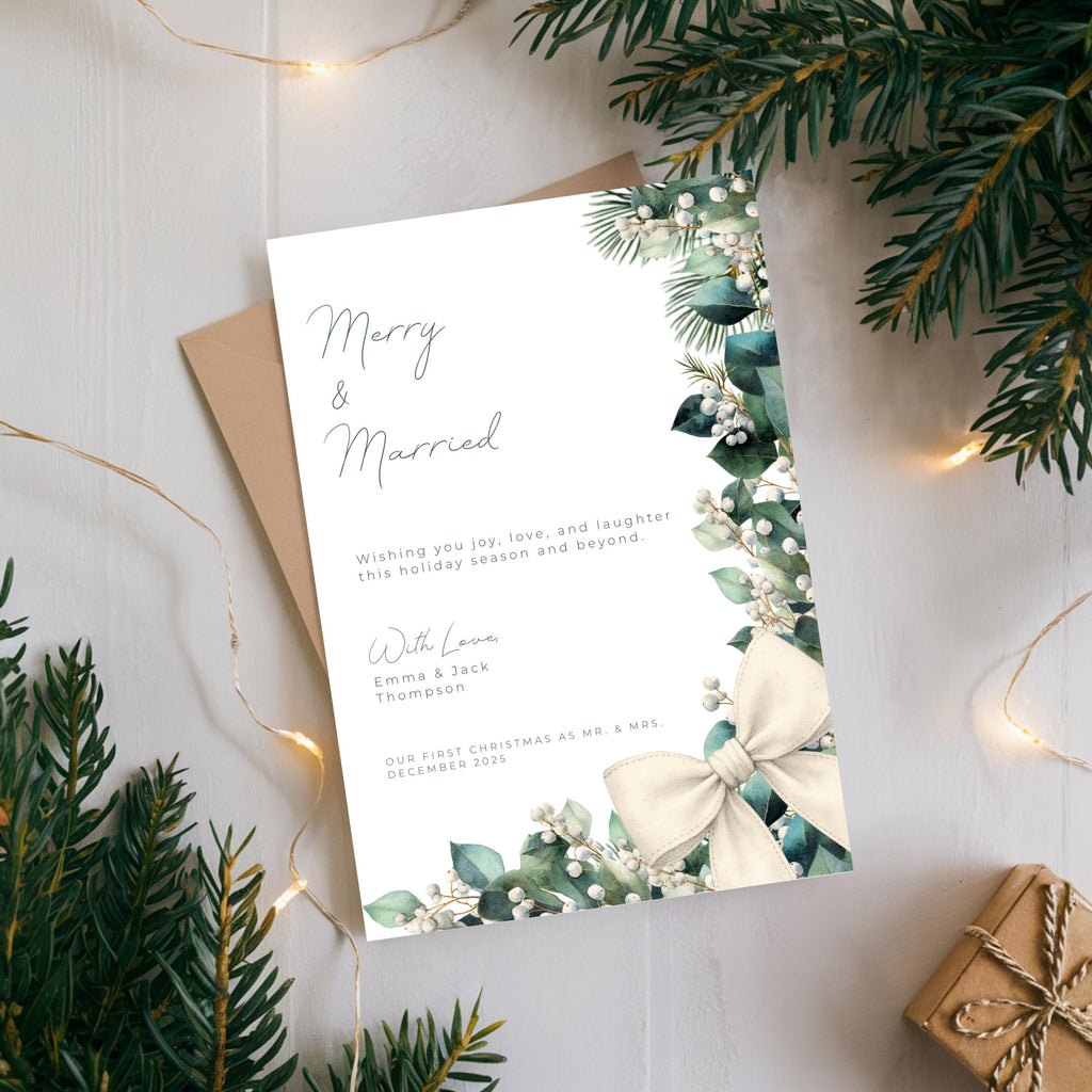 Merry & Married Holiday Card Template | Editable First Christmas Married Card | Holly Greenery Newlywed Christmas Card | Canva Template