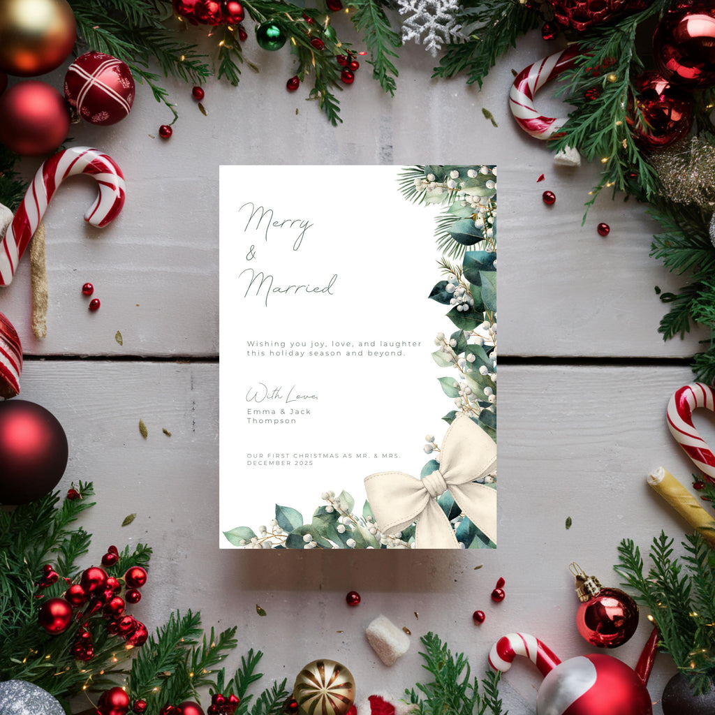 Merry & Married Holiday Card Template | Editable First Christmas Married Card | Holly Greenery Newlywed Christmas Card | Canva Template
