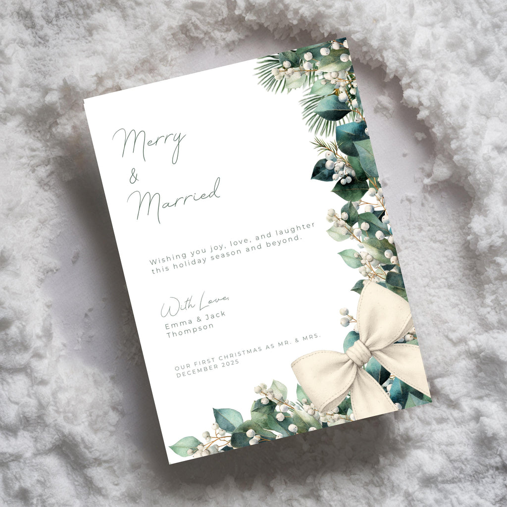 Merry & Married Holiday Card Template | Editable First Christmas Married Card | Holly Greenery Newlywed Christmas Card | Canva Template