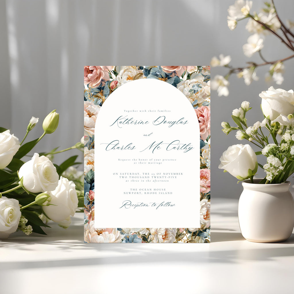 Rococo Flowers Wedding Invitation Template | Editable Canva Invite | Classic Arch Design | Blue & Pink Flowers | Gold Details | DIY Brides