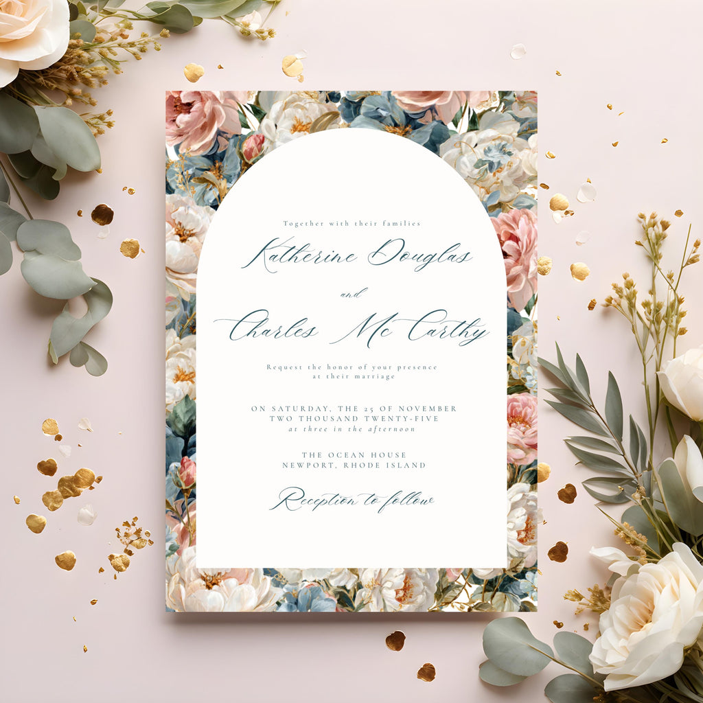 Rococo Flowers Wedding Invitation Template | Editable Canva Invite | Classic Arch Design | Blue & Pink Flowers | Gold Details | DIY Brides