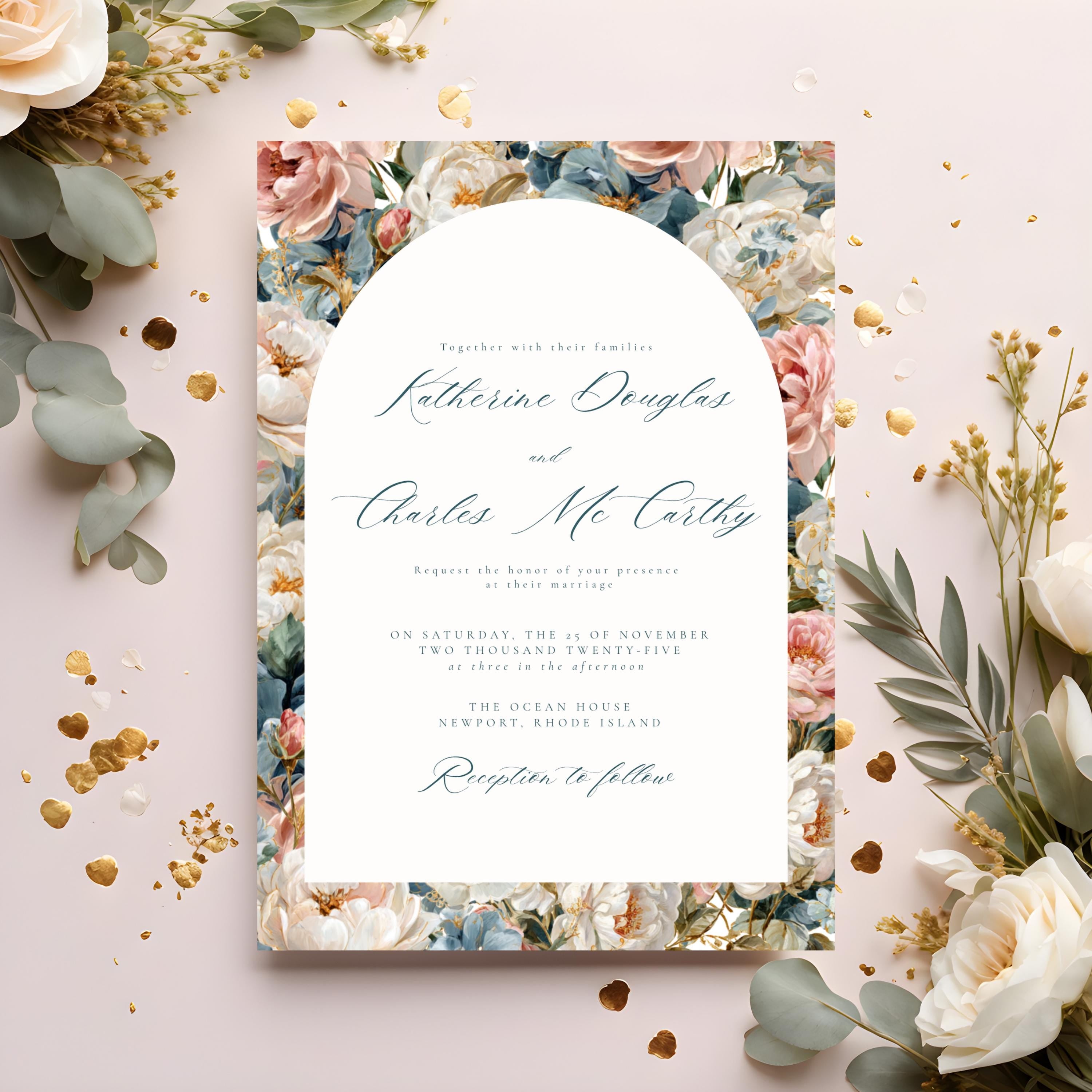 Rococo Flowers Wedding Invitation Template | Editable Canva Invite | Classic Arch Design | Blue & Pink Flowers | Gold Details | DIY Brides
