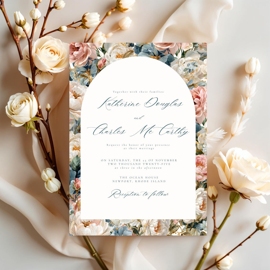 Rococo Flowers Wedding Invitation Template | Editable Canva Invite | Classic Arch Design | Blue & Pink Flowers | Gold Details | DIY Brides