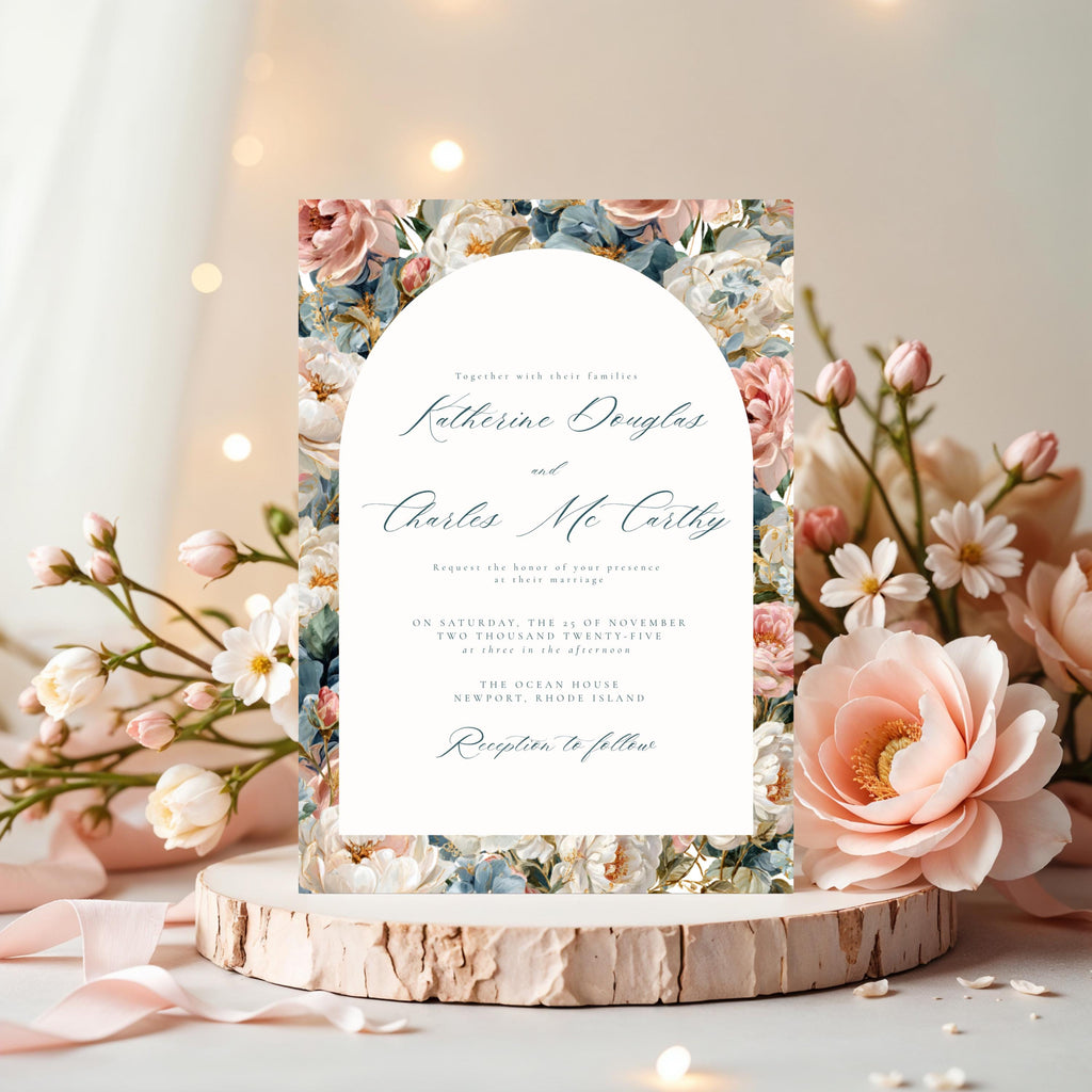 Rococo Flowers Wedding Invitation Template | Editable Canva Invite | Classic Arch Design | Blue & Pink Flowers | Gold Details | DIY Brides