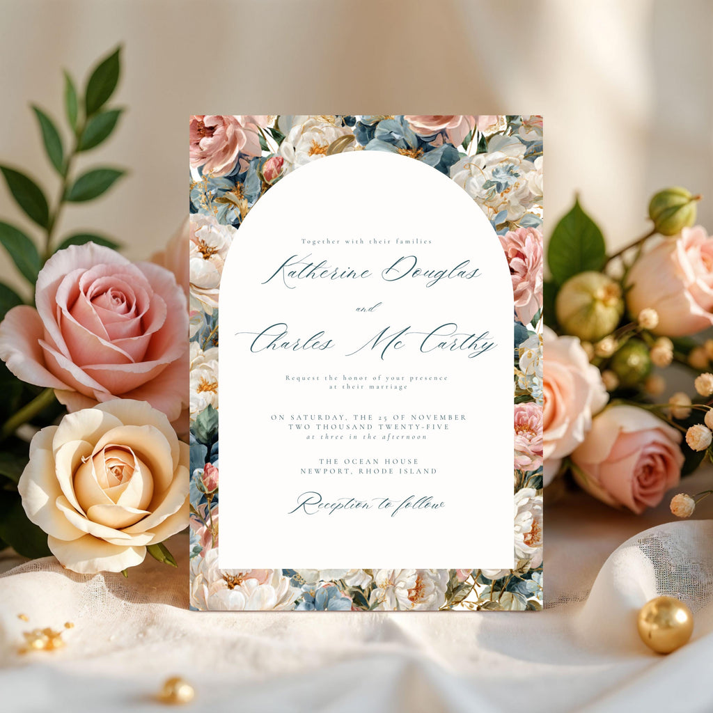 Rococo Flowers Wedding Invitation Template | Editable Canva Invite | Classic Arch Design | Blue & Pink Flowers | Gold Details | DIY Brides