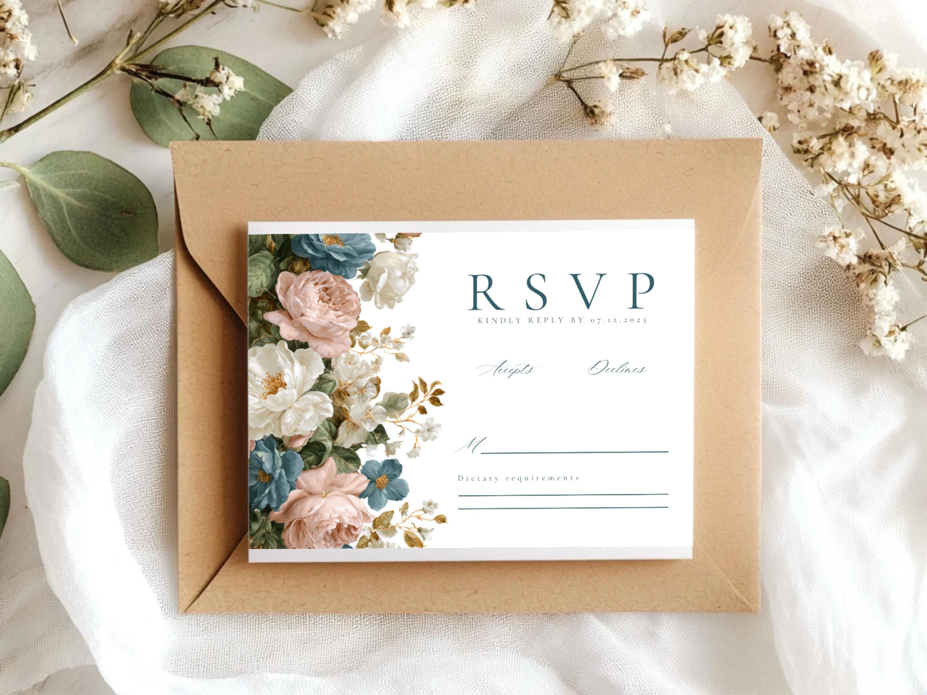 Rococo Floral Wedding RSVP Card Template | Editable Canva RSVP | Elegant Blue & Pink Floral Design | Printable Wedding Template