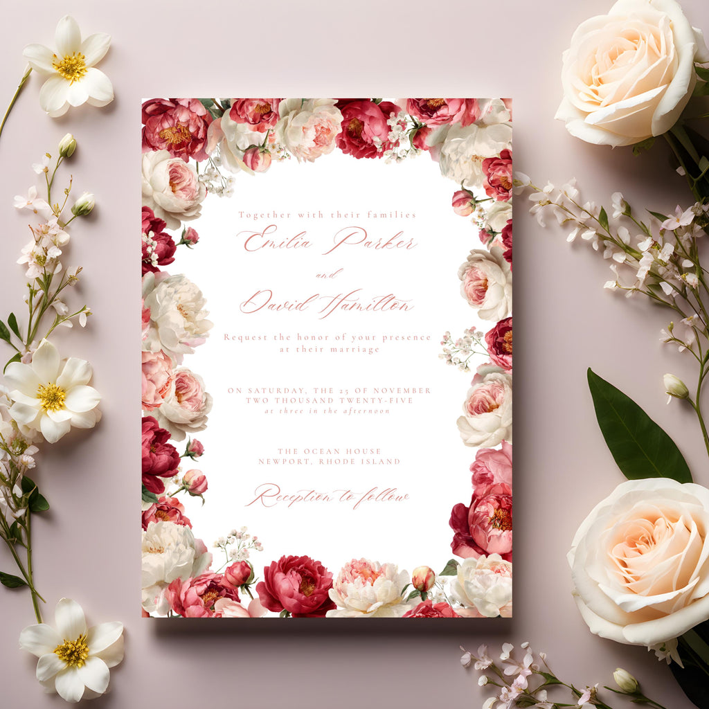 Pink Floral Wedding Invitation Template | Blush Peony & Rose Wedding Invite | Romantic Editable Canva Template for DIY Brides
