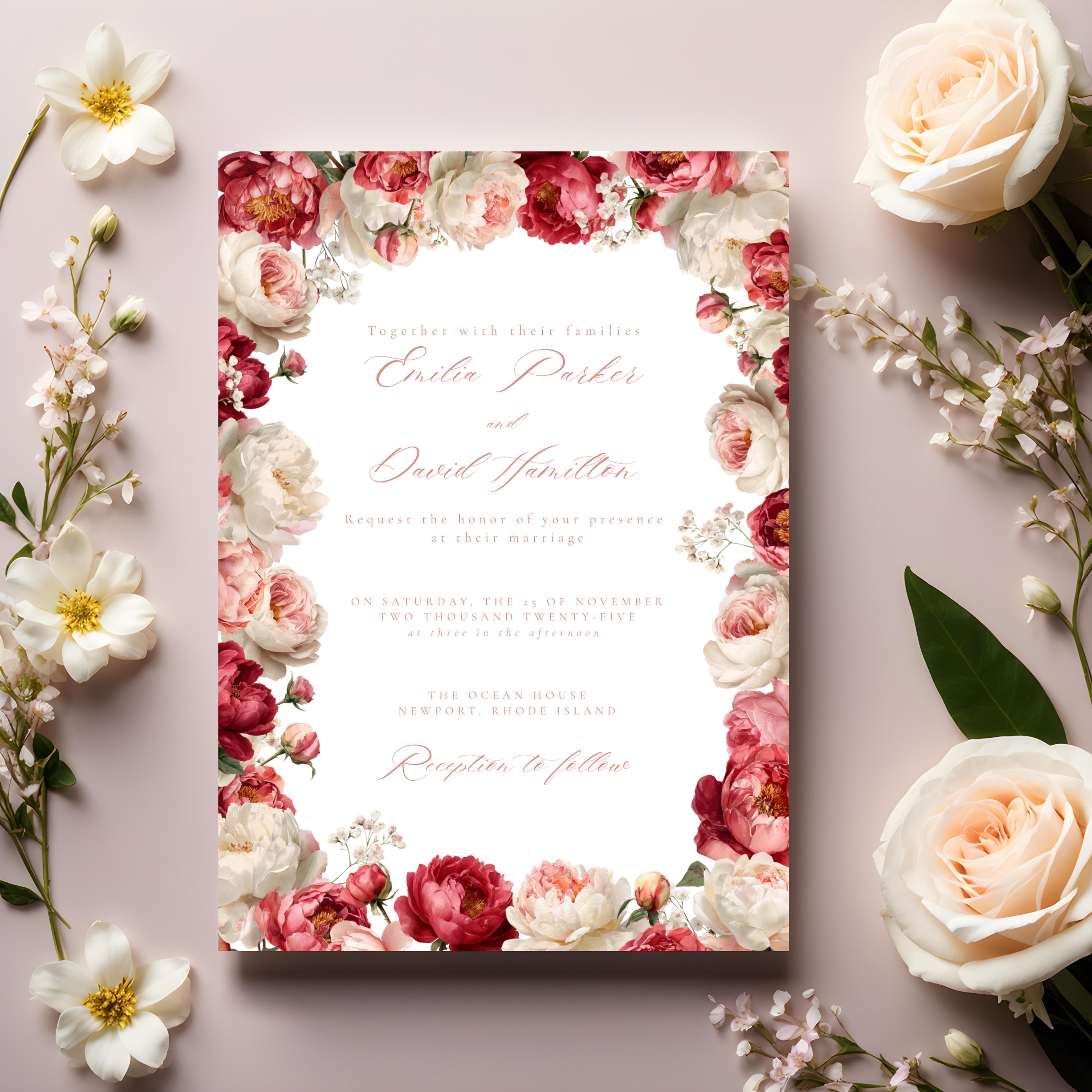 Pink Floral Wedding Invitation Template | Blush Peony & Rose Wedding Invite | Romantic Editable Canva Template for DIY Brides