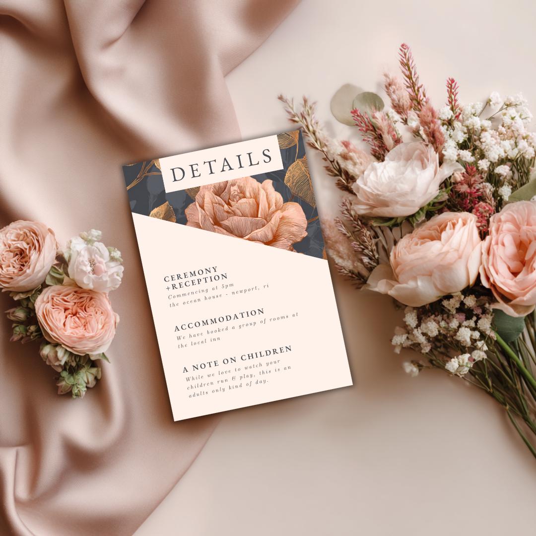 Rose Gold Floral Wedding Details Card | Printable Information Insert (Canva Template)