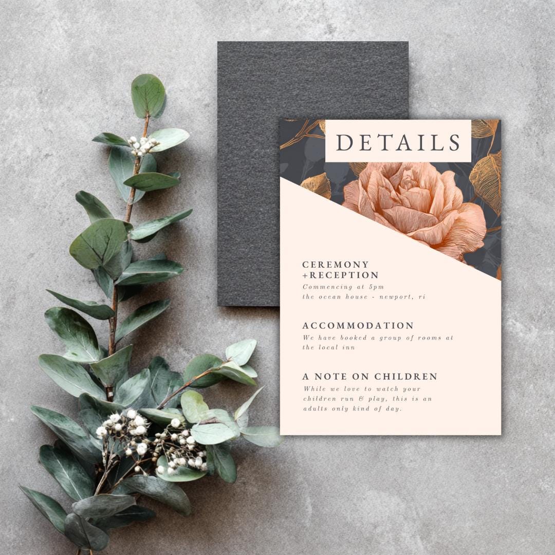 Rose Gold Floral Wedding Details Card | Printable Information Insert (Canva Template)