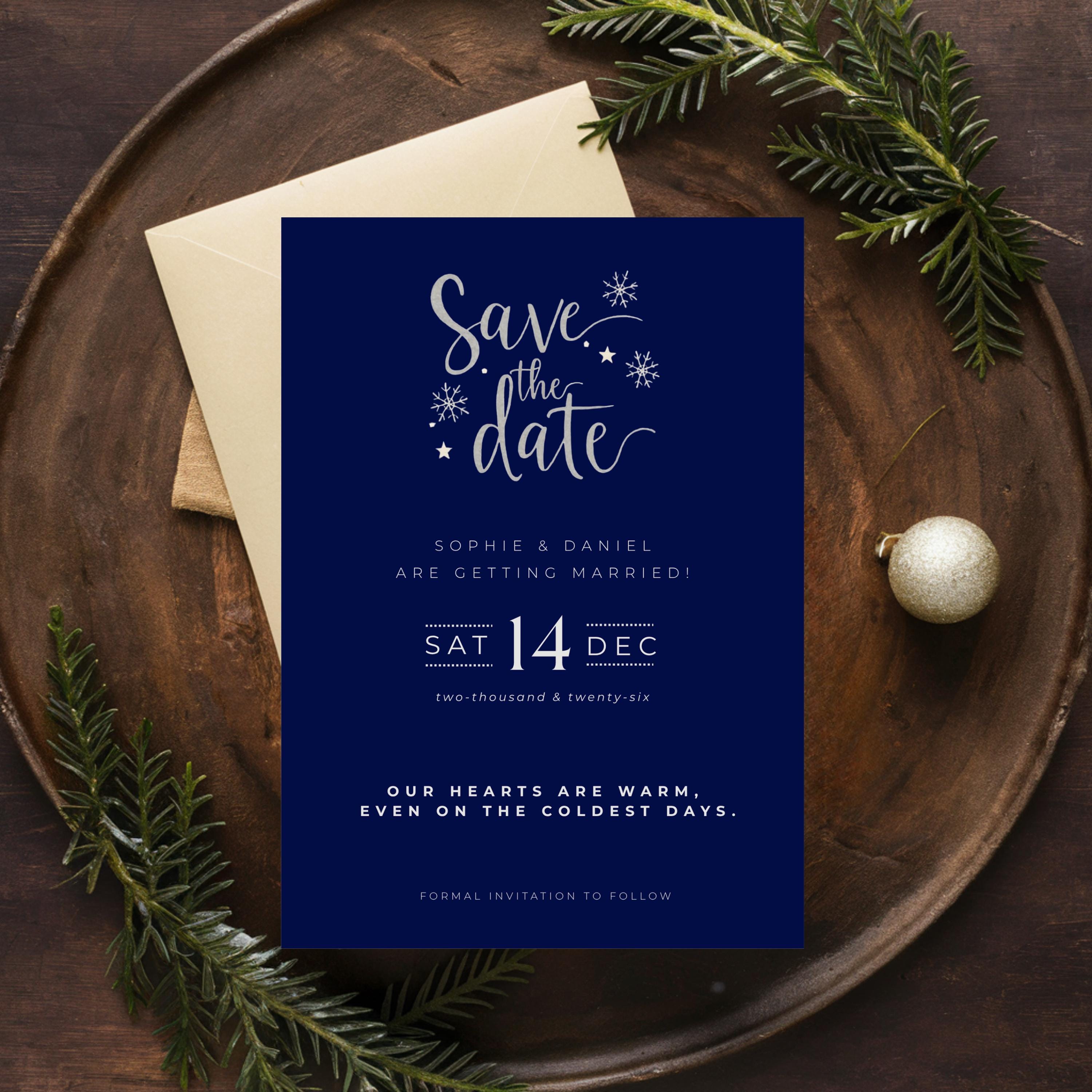 Elegant Winter Save the Date Template | Navy & Silver (Canva Editable)