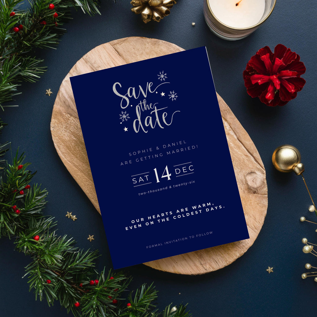 Elegant Winter Save the Date Template | Navy & Silver (Canva Editable)