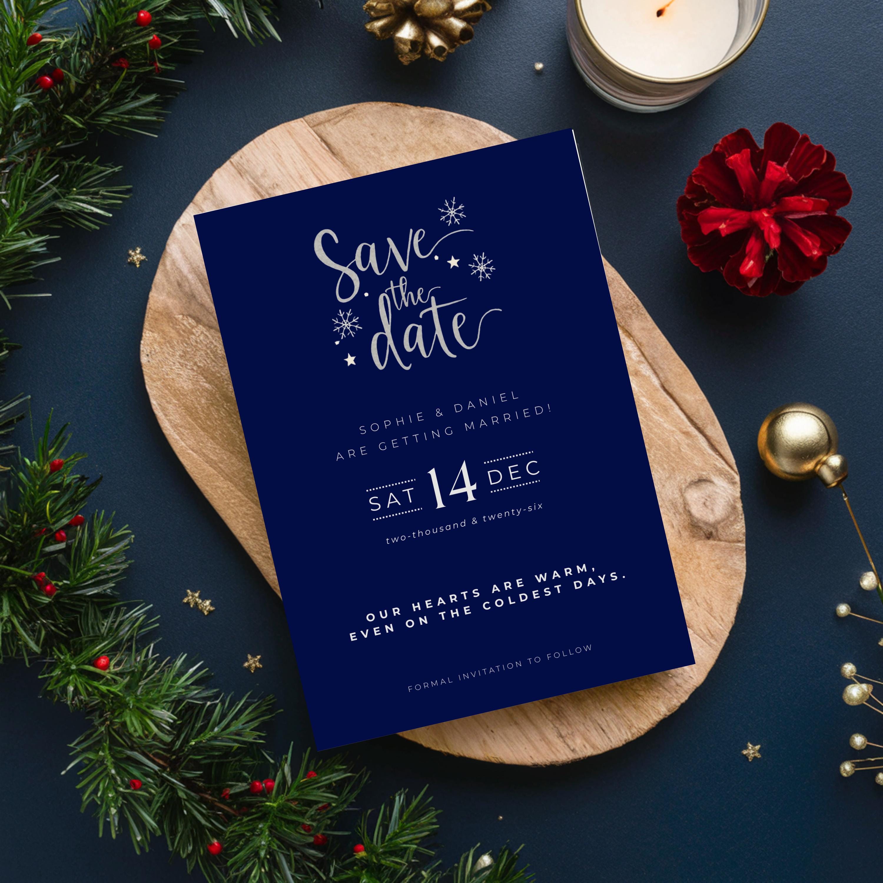 Elegant Winter Save the Date Template | Navy & Silver (Canva Editable)